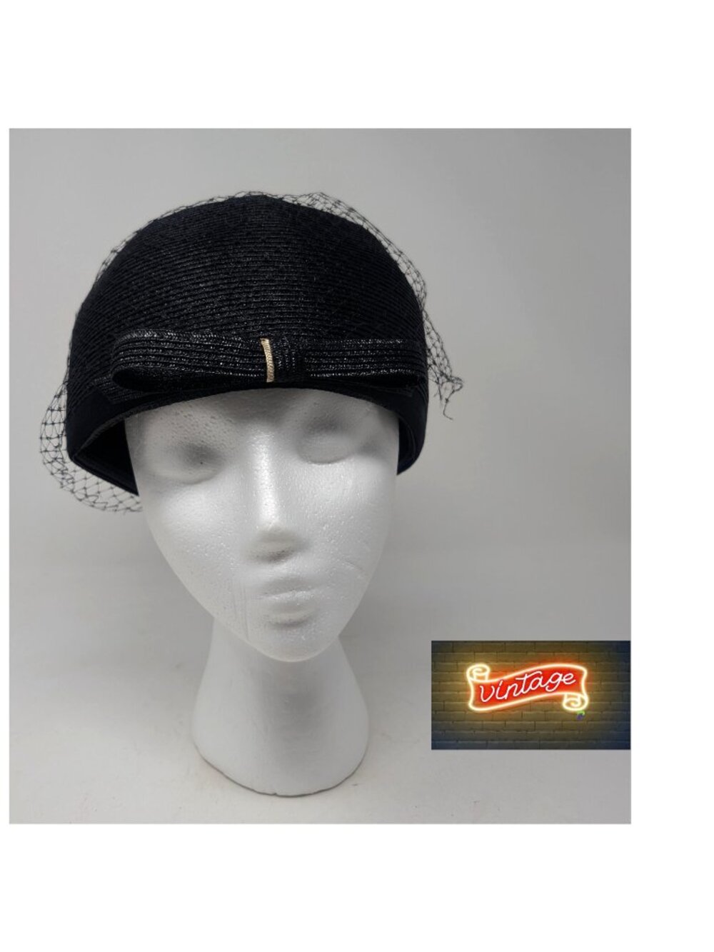 Vintage 60s Black Rattan Hat Netting Bow